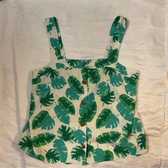 J. Crew Tropical Monstera Leaf Button Front Linen Tank Camisole NEW M Dopamine - Picture 4 of 9